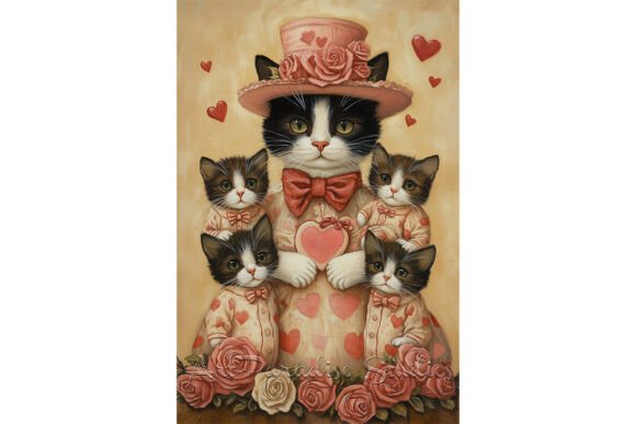 Download Cat Family in Peach with Roses &amp; Hearts - Premium Bundle